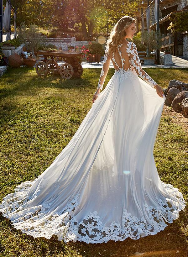 A-Line V-Neck Court Train Lace Wedding Dress
