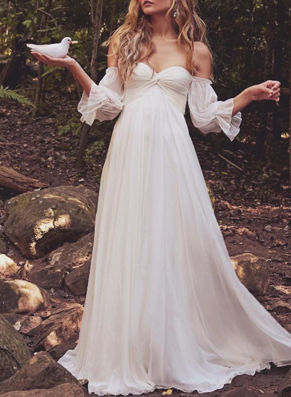 Off-The-Shoulder Long Sleeves Boho Wedding Dresses With Chiffon Sweep Train