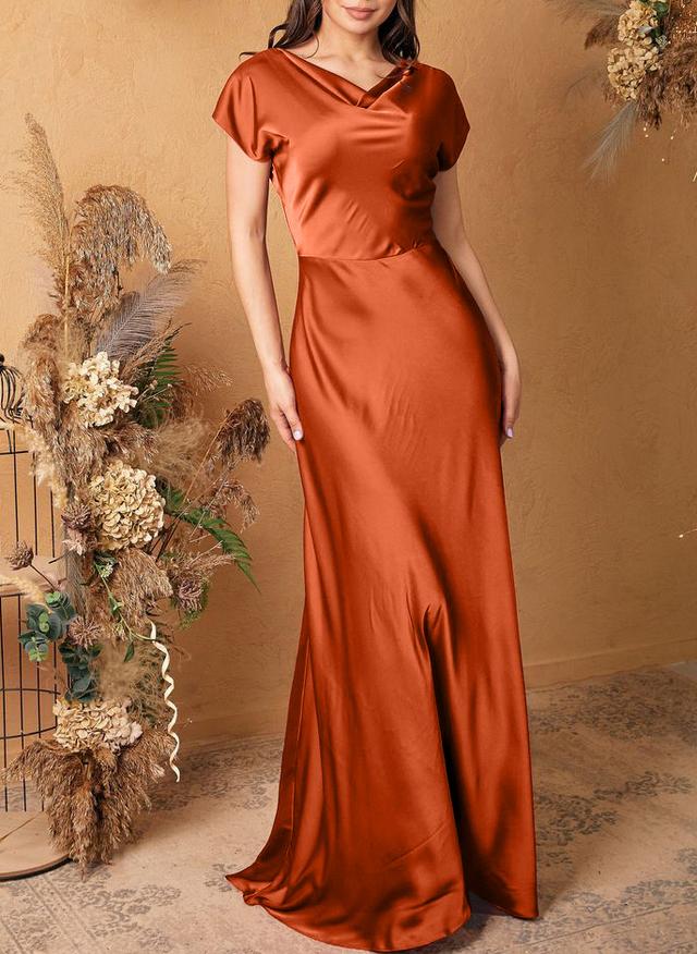 Sheath/Column Cowl Neck Short Sleeves Silk Like Satin Bridesmaid Dresses