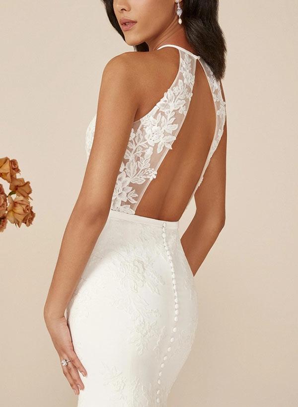 Mermaid Halter Sleeveless Sweep Train Elastic Satin Wedding Dresses With Appliques Lace