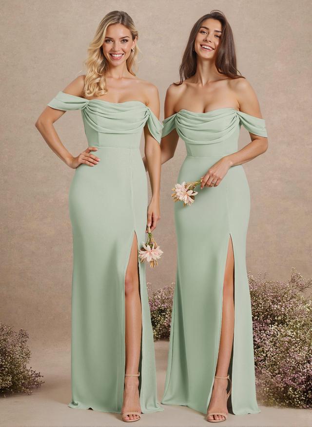 Simple Ruched Off-The-Shoulder High Split Chiffon Bridesmaid Dresses