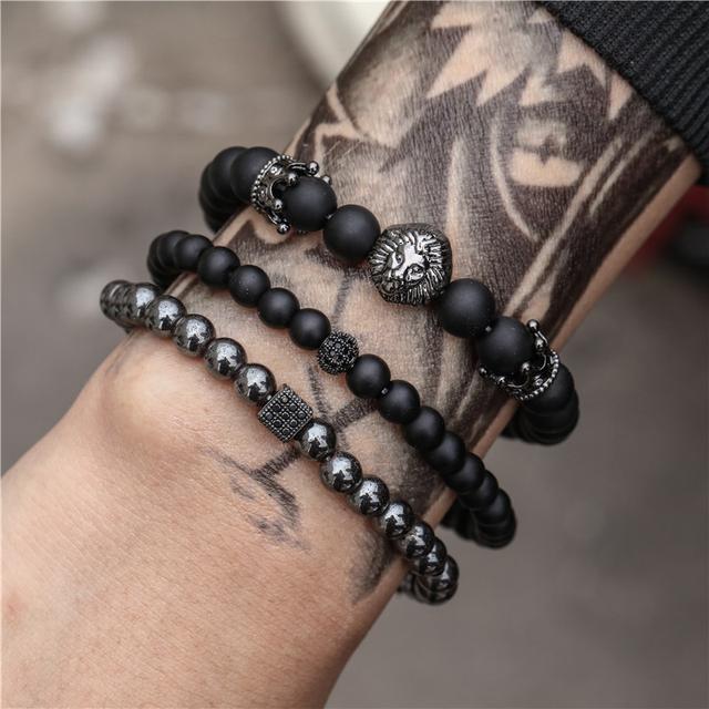 3pcs Iced Crown Lion Head Bracelet Set