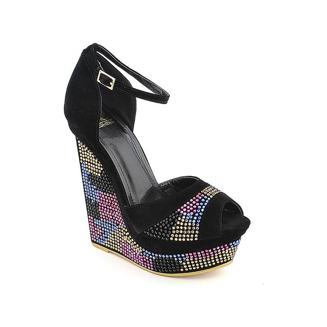 Women Platform Wedge Dress Shoe 093 Black/Multi Color Shoes 8.5 Black/Multi Color
