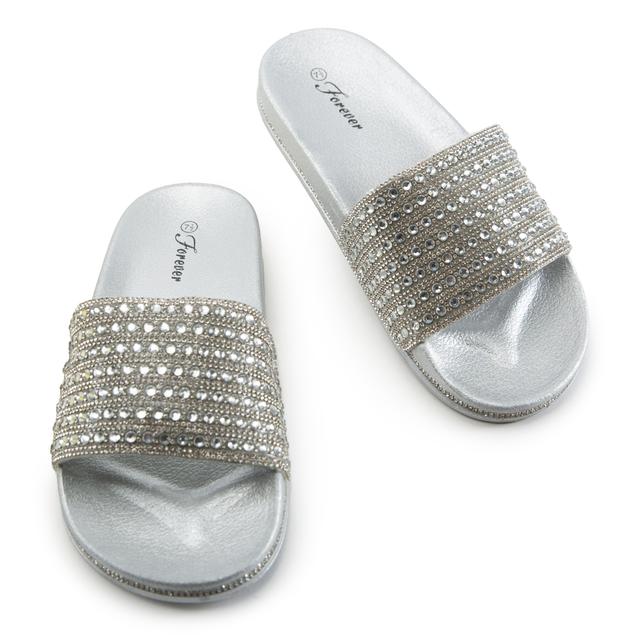 Women Monah-9 Rhinestone Slides Silver Sandals 6 Silver