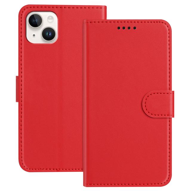 For iPhone 14 Plus Leather Case Wallet Stand Solid Color Anti Drop Phone Cover - Red
