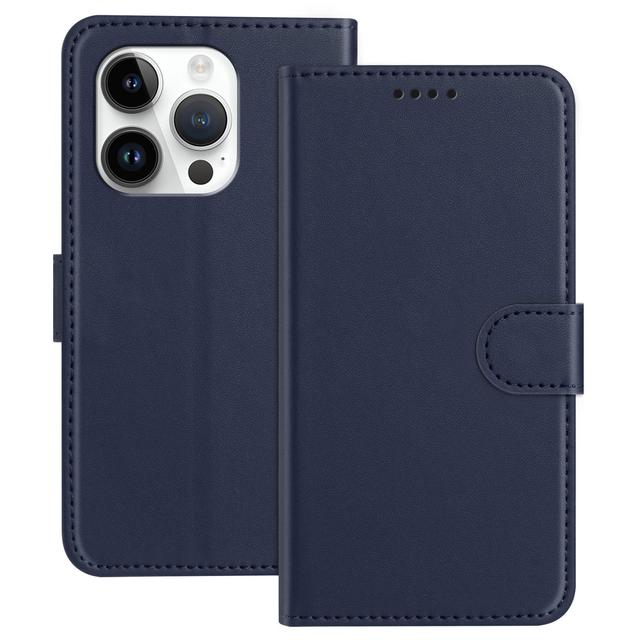 For iPhone 14 Pro Leather Case Wallet Stand Solid Color Anti Drop Phone Cover - Blue