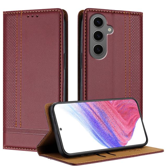 For Samsung Galaxy S24+ Case L-Shaped Grid Pattern Leather Stand Phone Cover with Card Slots - Wine Red