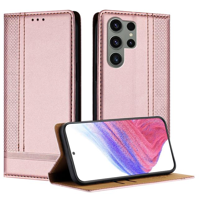 For Samsung Galaxy S23 Ultra Case L-Shaped Grid Pattern Leather Stand Phone Cover with Card Slots - Rose Gold