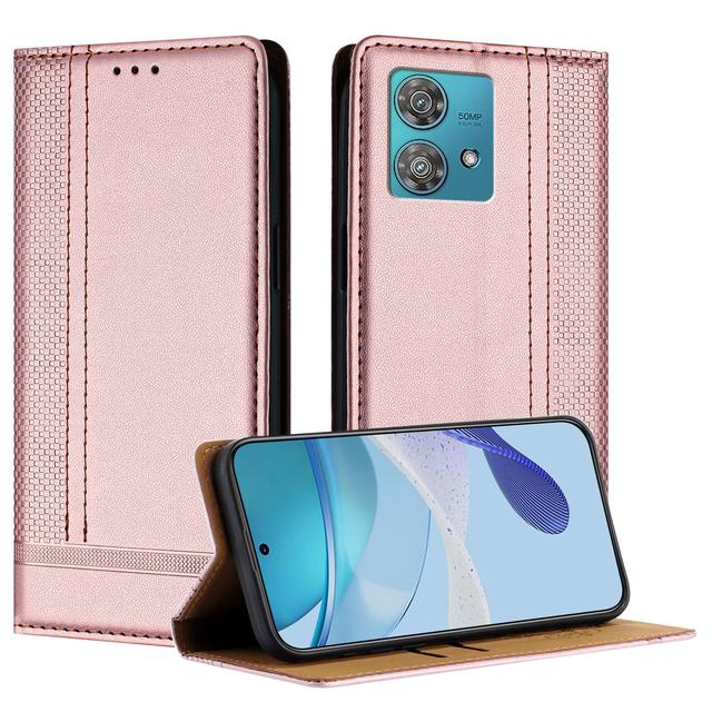 For Motorola Edge 40 Neo 5G Case L-Shaped Grid Pattern Leather Stand Phone Cover with Card Slots - Rose Gold