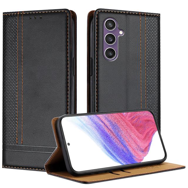 For Samsung Galaxy S23 FE Case L-Shaped Grid Pattern Leather Stand Phone Cover with Card Slots - Black