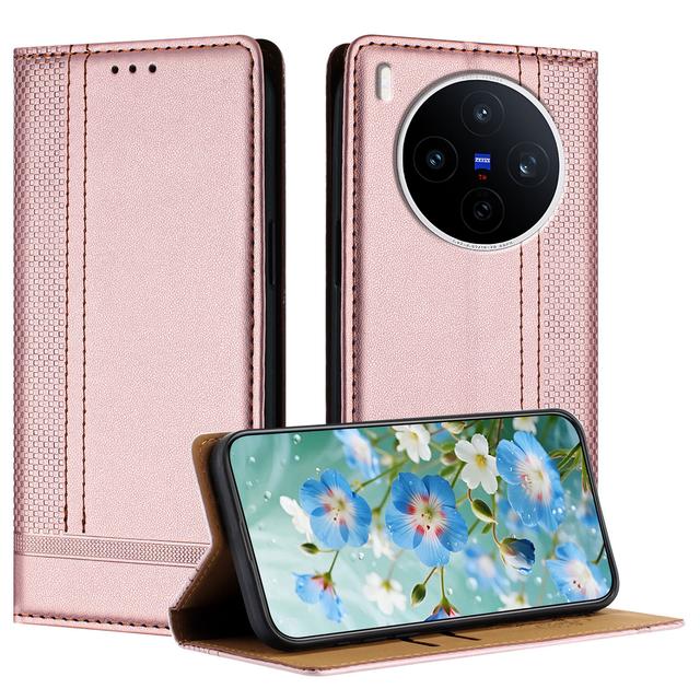 For vivo X300 5G Case L-Shaped Grid Pattern Leather Stand Phone Cover with Card Slots - Rose Gold