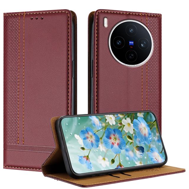 For vivo X300 5G Case L-Shaped Grid Pattern Leather Stand Phone Cover with Card Slots - Wine Red