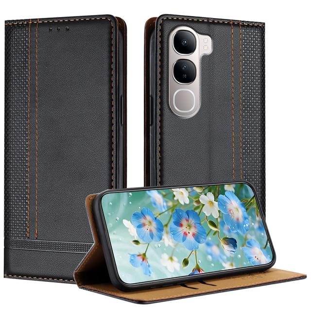 For vivo Y31 5G Case L-Shaped Grid Pattern Leather Stand Phone Cover with Card Slots - Black
