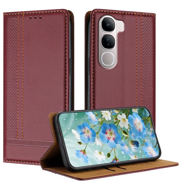 For vivo Y31 5G Case L-Shaped Grid Pattern Leather Stand Phone Cover with Card Slots - Wine Red