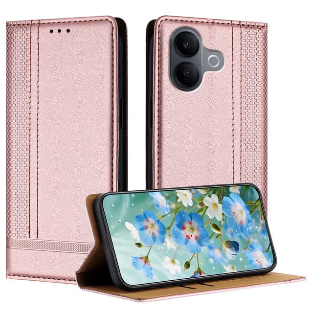For vivo V60 Lite 4G / vivo V60 Lite 5G Case L-Shaped Grid Pattern Leather Stand Phone Cover with Card Slots - Rose Gold