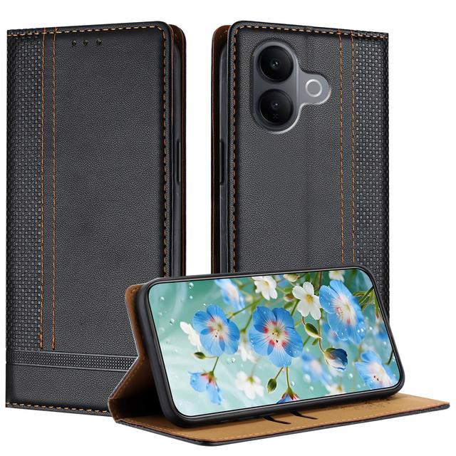 For vivo V60 Lite 4G / vivo V60 Lite 5G Case L-Shaped Grid Pattern Leather Stand Phone Cover with Card Slots - Black