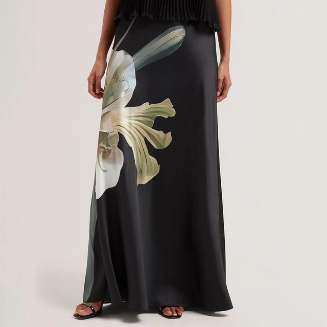Ted Baker Black Zionna Satin Printed Maxi Skirt - Size 8