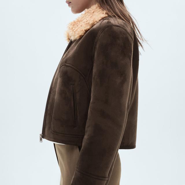 Mango Grey Jacket With Suede Effect Shearling Collar - Size XS