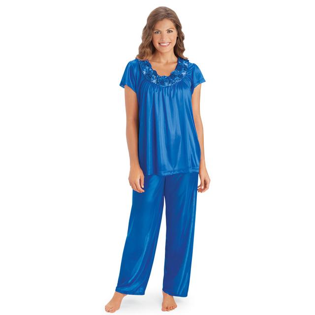 Women's Rose Trim Short Sleeve Pajama Set - Royal Blue XXL