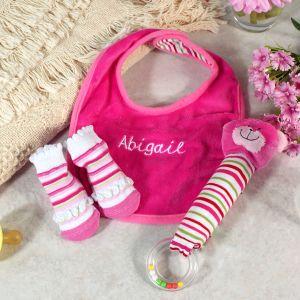 Embroidered Pink Stripes Bib Set