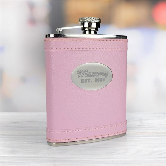 Engraved Established Pink Leather Flask