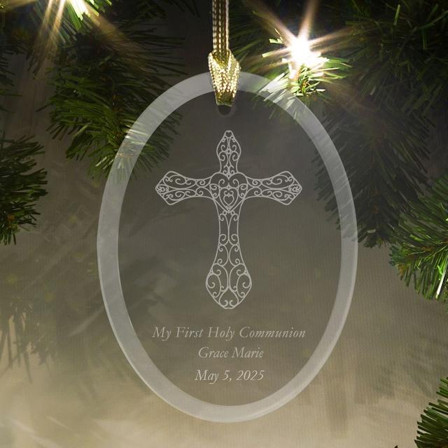 Engraved Cross Glass Holiday Ornament
