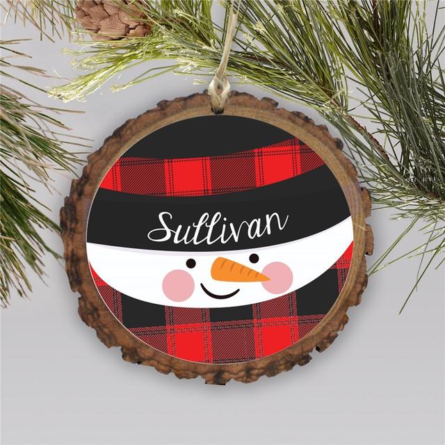 Personalized Buffalo Plaid Snowman Barky Wood Ornament
