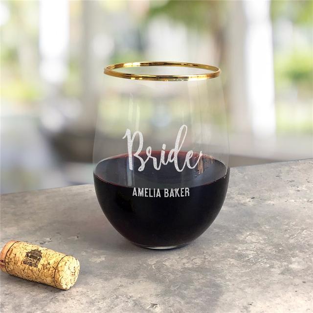 Engraved Groom & Bride Wedding Gold Rim Stemless Wine Glass