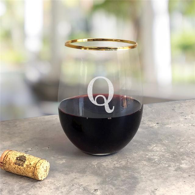 Engraved Initial Gold Rim Stemless Wine Glass