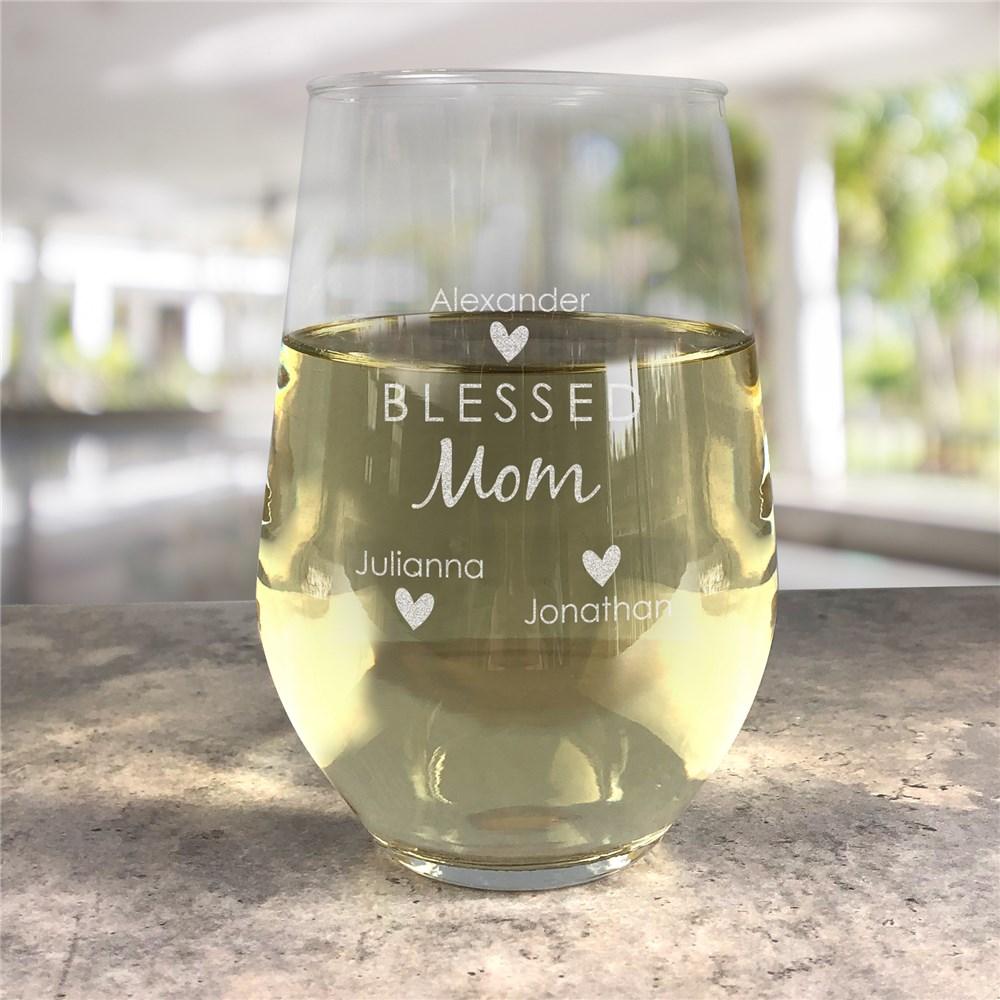 Engraved Blessed Mom Contemporary Stemless Wine Glass