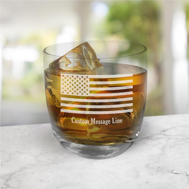 Engraved American Flag with Custom Message Whiskey Rocks Glass