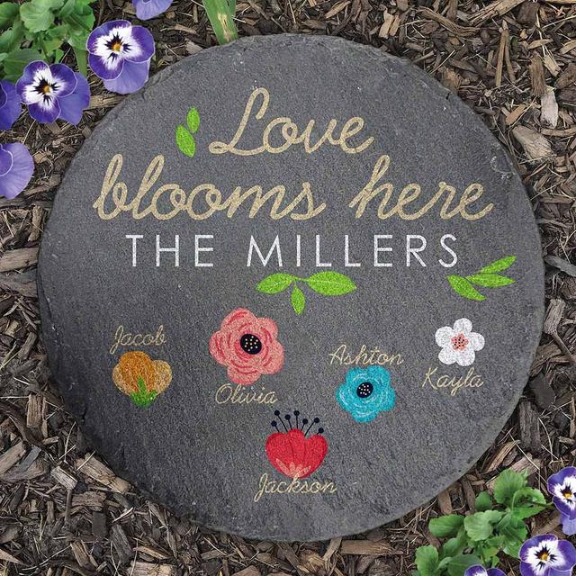 Personalized Love Blooms Here Round Slate Stone