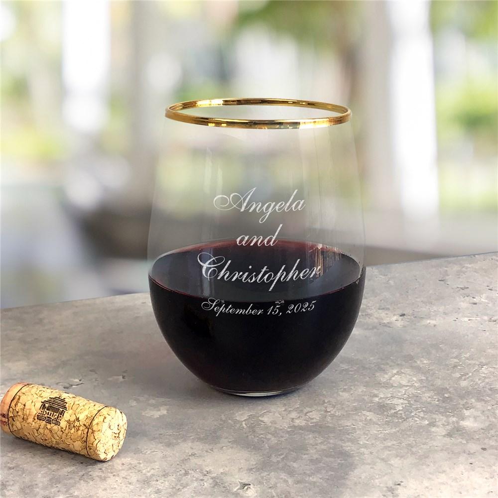 Engraved Wedding Couple Gold Rim Stemless Wine Glass