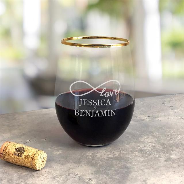 Engraved Infinity Love Gold Rim Stemless Wine Glass