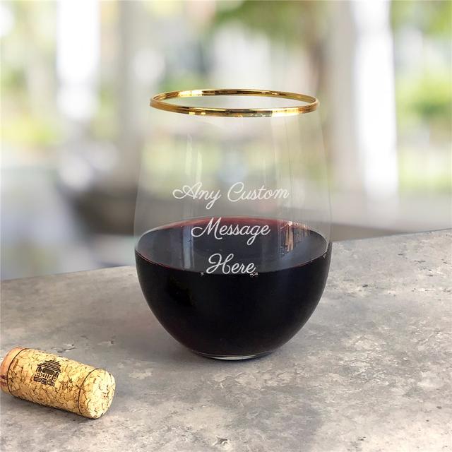 Engraved Any Message Gold Rim Stemless Wine Glass