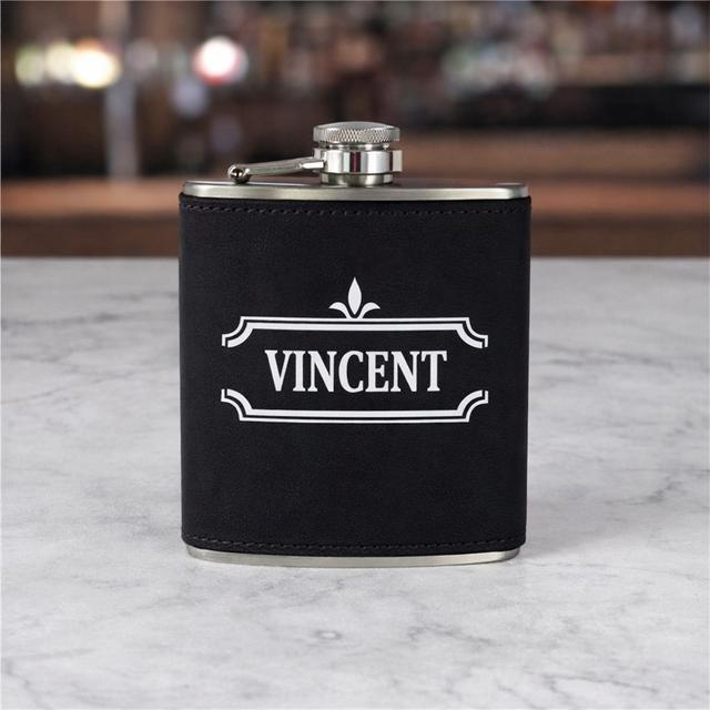 Engraved Ornate Border With Name Leatherette Flask