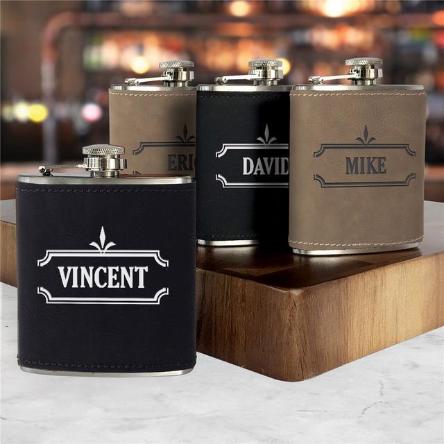 Engraved Ornate Border With Name Leatherette Flask