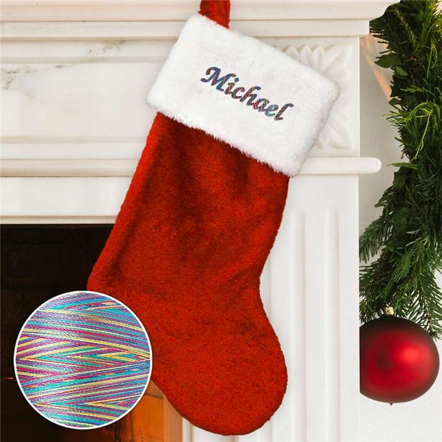 Embroidered Red Plush Christmas Stocking with Rainbow Thread