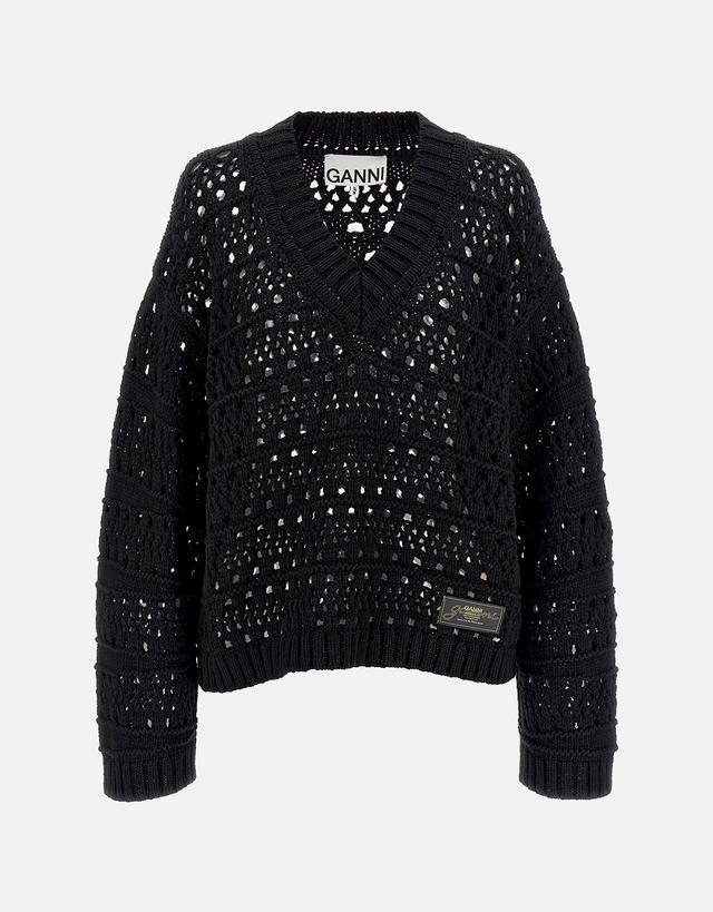 Ganni Cotton Blend Crochet V-Neck Sweater - M