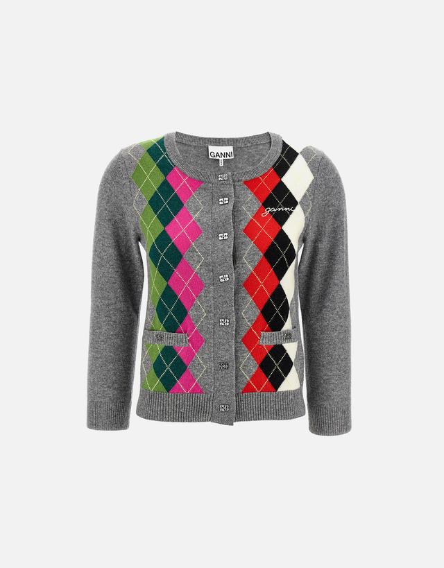 Ganni Wool And Cashmere Blend Check Cardigan - M