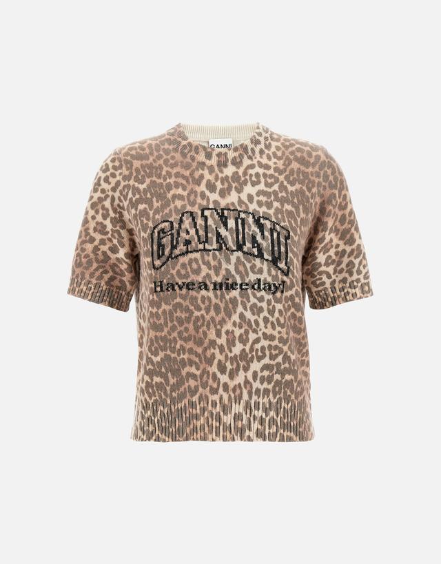 Ganni Leopard Wool Blend T-Shirt - L