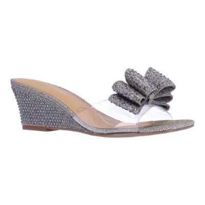 J. Reneé Women's Eris Slip-On Sandal in Clear and Pewter, Vinyl/Fabric/Rhinestones, Size 6.5 M, 2 Inch Heel