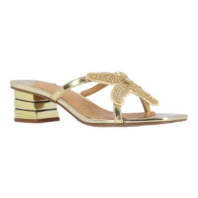 J. Reneé Women's Sunstar Thong Sandal in Gold and Natural, Patent/Rhinestones/Beading, Size 7 M, 1.75 Inch Heel