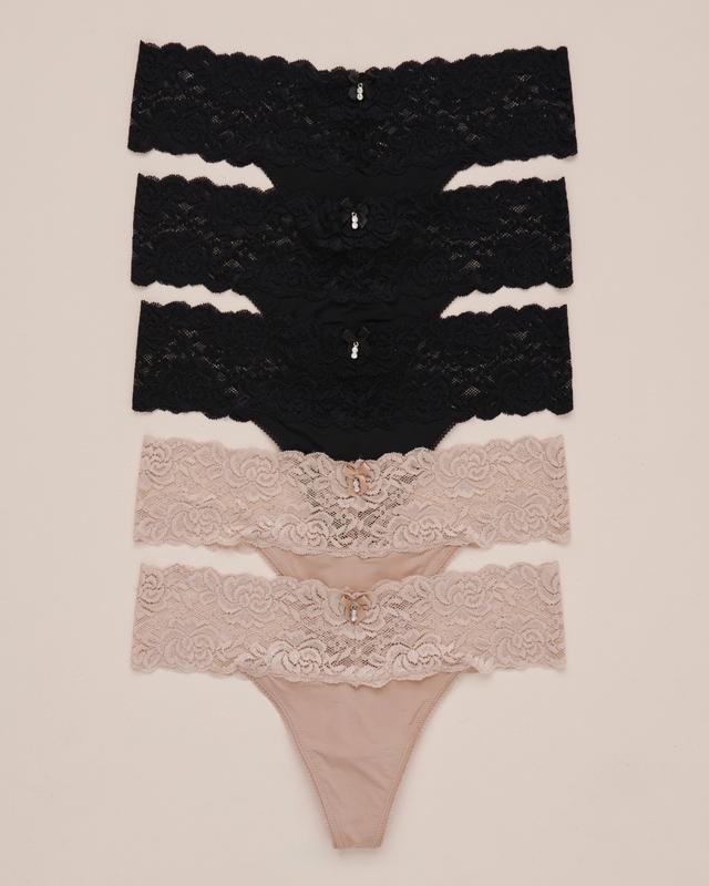 la Vie en Rose 5-Pack Microfiber and Wide Lace Band Thong Panty - Black/Beige XL