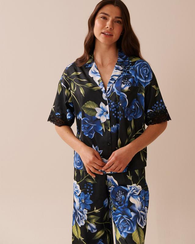 la Vie en Rose Rose Print Satin and Lace Trim Button-down Shirt - Blue Rose Garden XXL
