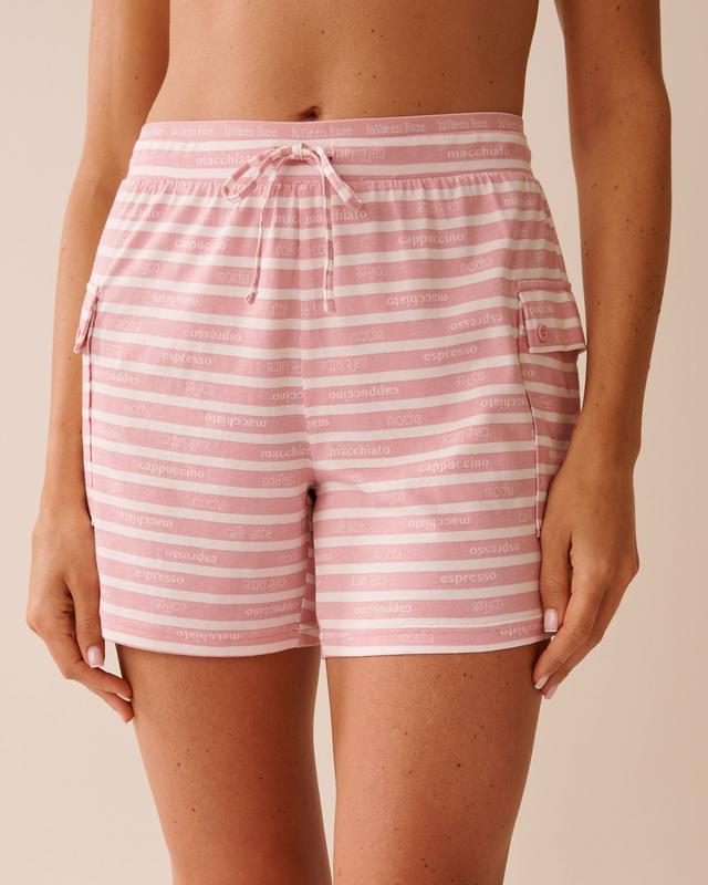 la Vie en Rose Coffee-themed Stripe Cargo Pajama Shorts - Pink Stripes S