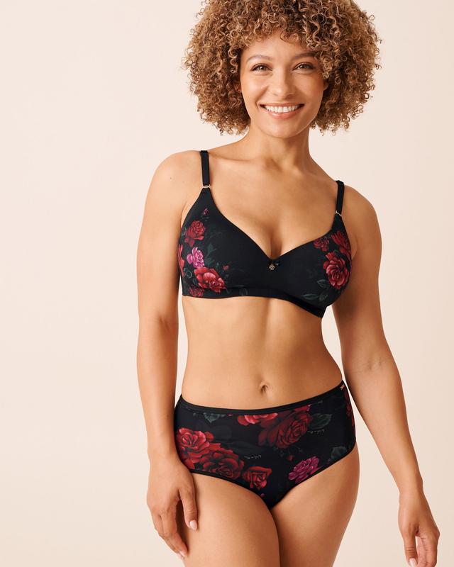 la Vie en Rose Lightly Lined Wireless Sleek Back Bra - Black/Red Roses 36B