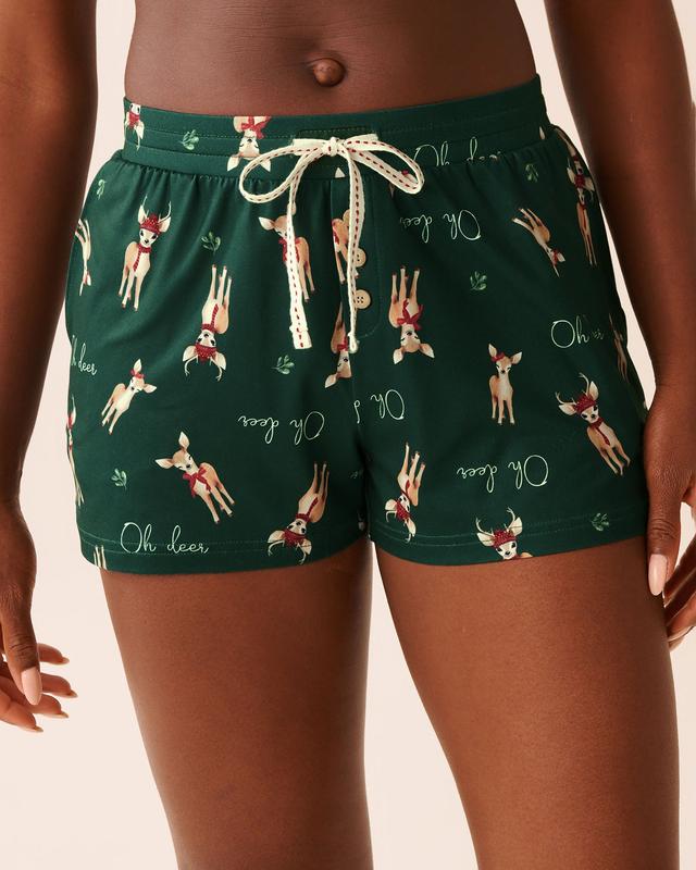 la Vie en Rose Deer Print Super Soft Pajama Shorts - Fir Green/Deers S
