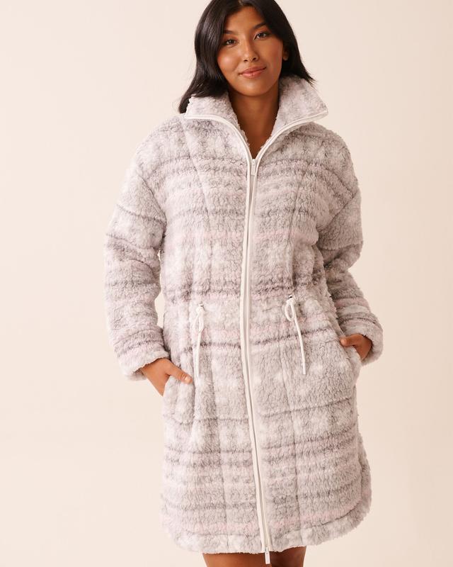 la Vie en Rose Zip-up Funnel Neck Sherpa Robe - Grey Fair Isle M