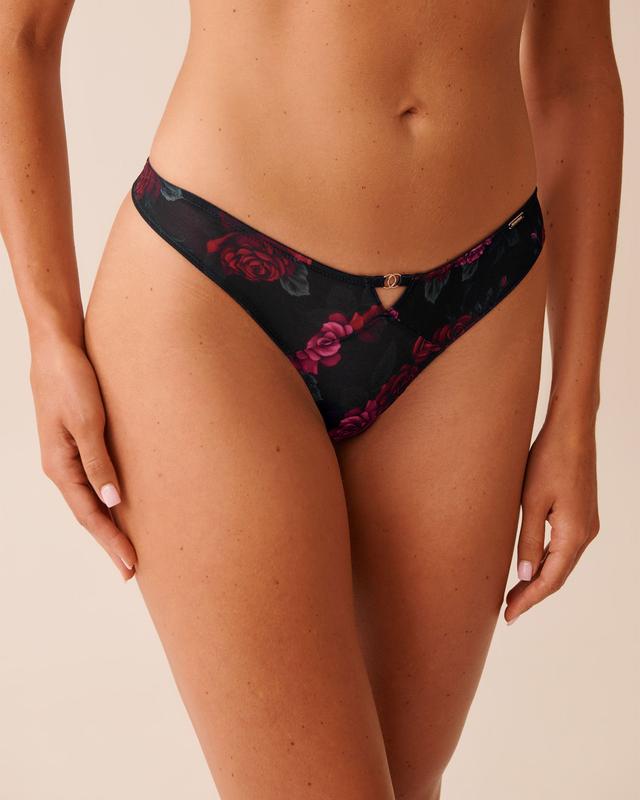 la Vie en Rose Printed Mesh High Leg Thong Panty - Black/Red Roses L